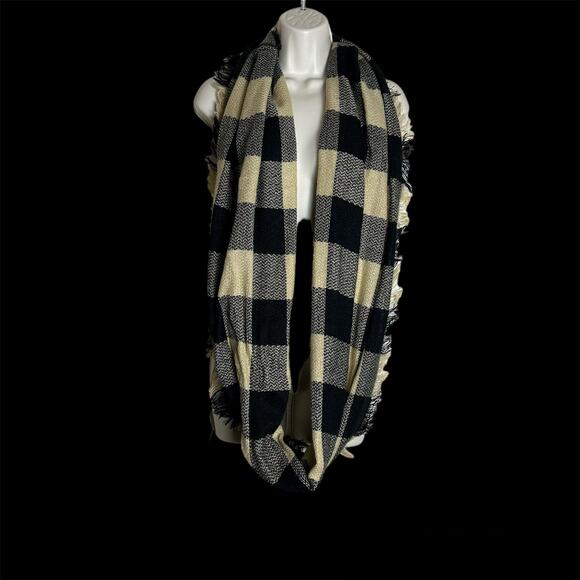 Plaid Black and Beige Tan Infinity Scarf Fringe Raw Hem - Picture 5 of 5
